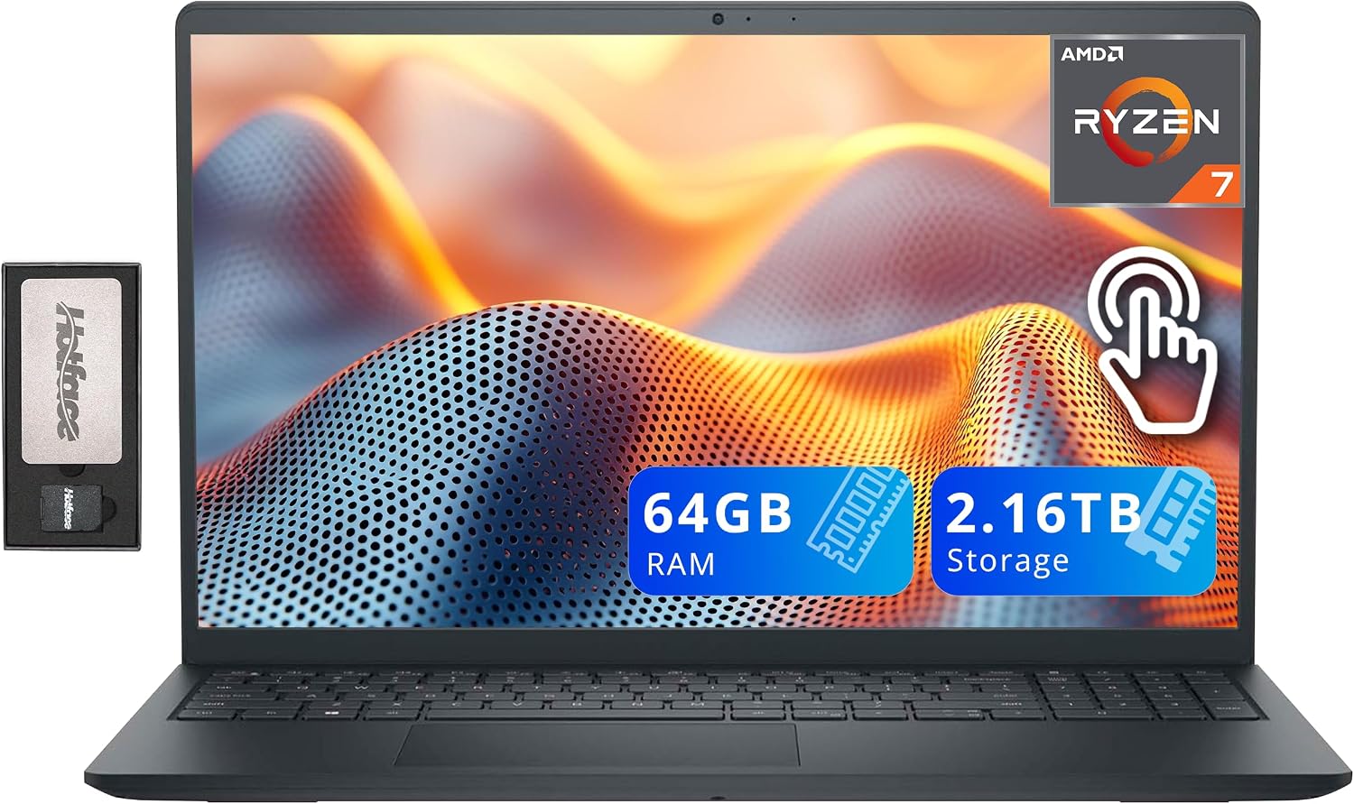 Dell Inspiron 15.6' FHD IPS Touchscreen Laptop, AMD Ryzen 7 7730U, 64GB DDR4 RAM, 2.16TB Storage(2TB SSD+160GB Docking Station Set), AMD Radeon Graphics, Num Pad, HD Camera, Win 11, Black