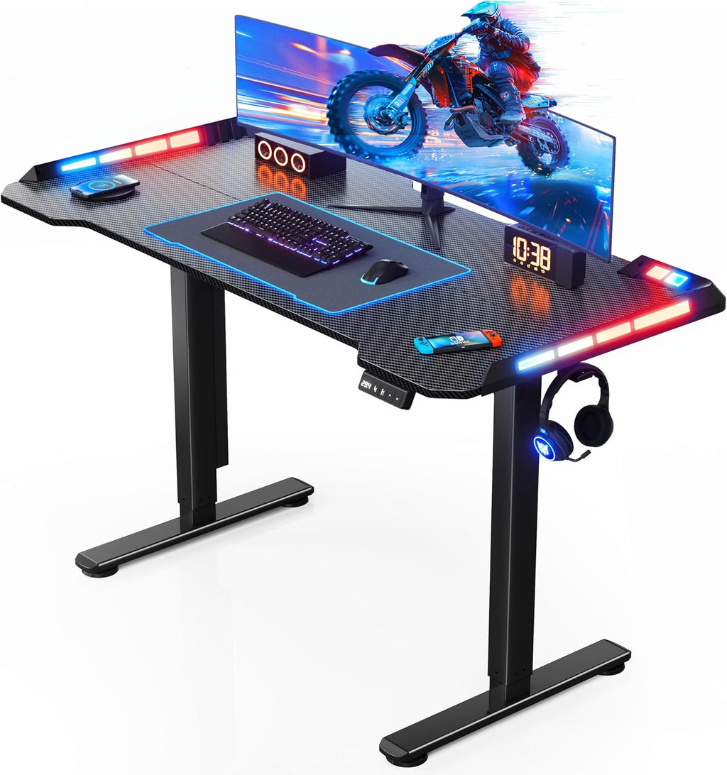 Flycity Gaming Standing Desk with LED Lights & APP Control, 48' x 24' Gaming Table with Music Sensing, Underdesk Cable Storage Electric Standing Desk, Black Carbon Fiber PC Desk for Home Office