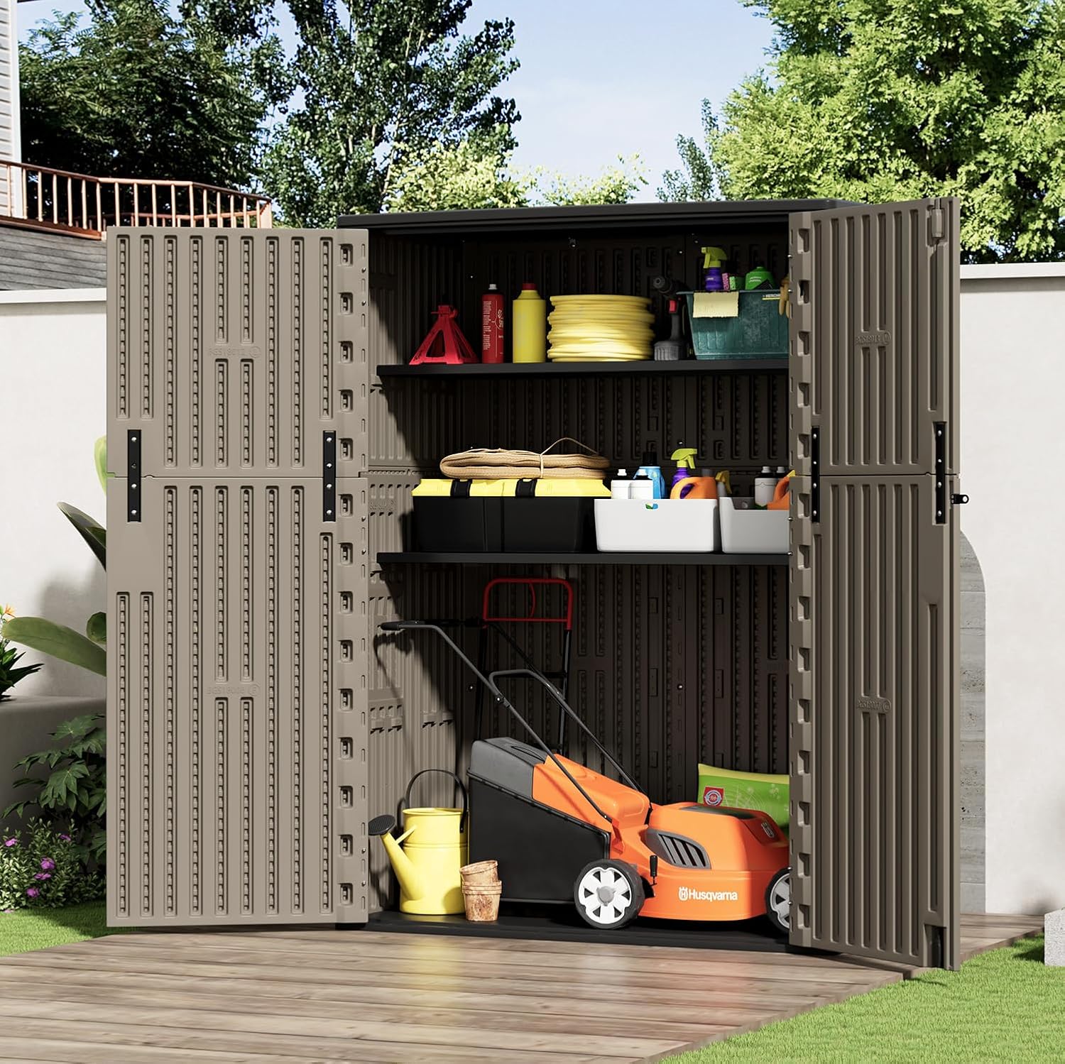 HOMSPARK Outdoor Storage Shed 57 Cu.Ft, All-Weather Resistant Resin Garden Sheds & Outdoor Storage Clearance with Floor, Double-Layer Plastic Tool Sheds for Patio, Garden & Lawn (Shallow Brown)