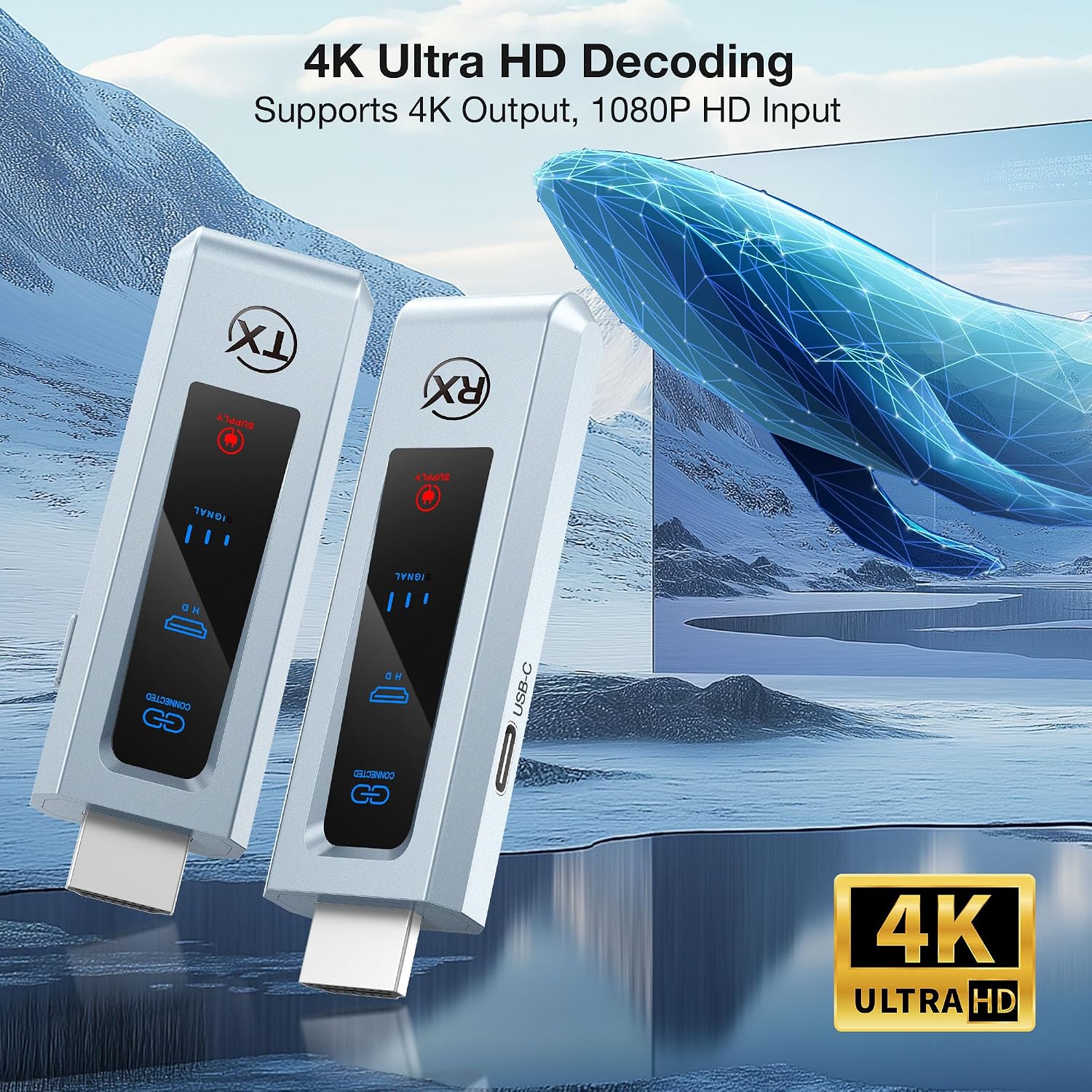 Wireless HDMI Transmitter and Receiver, HD Extender Plug & Play Portable 2.4G/5G with LED Screen Wireless HDMI Kit for Streaming Video and Audio to Monitor from Laptop/PC/TV Box/Projector