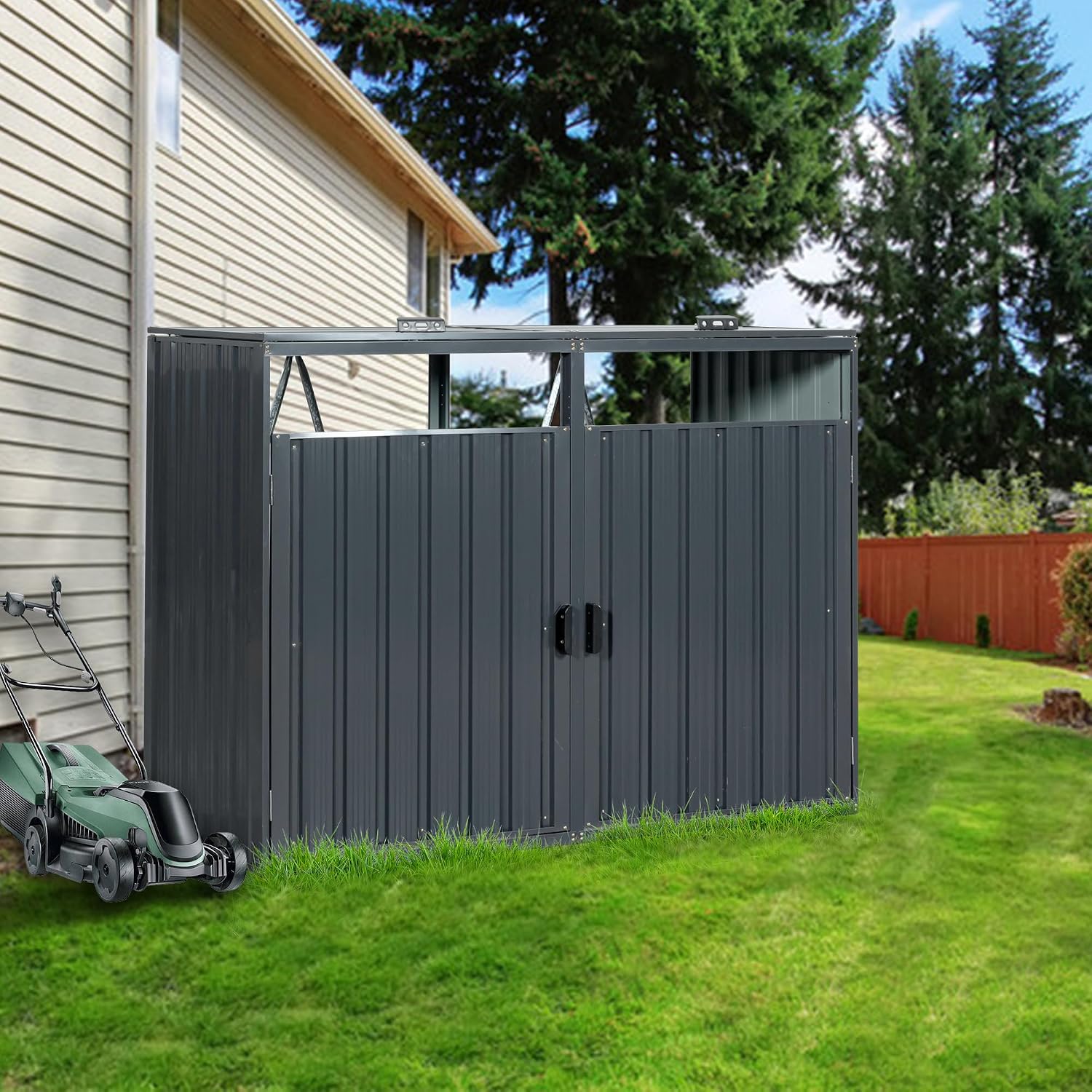 Outdoor Trash Can Storage, Garbage Bin Shed Stores 3 Trash Cans, Metal Outdoor Storage Shed for Garbage Cans, Garden Accessories, Backyard, and Patio Use, Lockable, Black