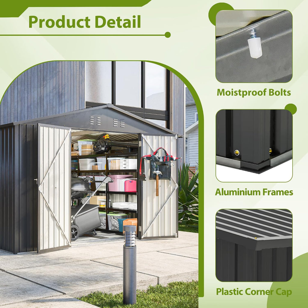 10x8 FT Outdoor Storage Shed with Lockable Double Doors, Aluminum Frame, Weatherproof with Frame Floor, Metal Tool Shed for Garden, Backyard, Patio, and Equipment Storage
