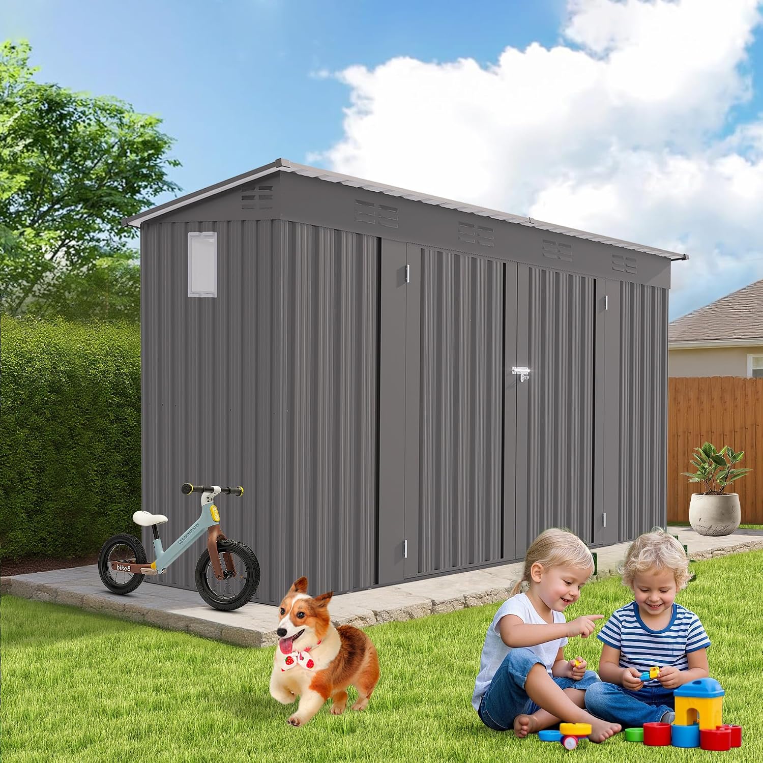 YOPTO 4x9 FT Outdoor Storage Shed W/Window,Metal Shed W/Lockable Door,Garden Tool Storage House W/ 6 Air Vents & Sloped Roof,for Backyard,Patio,Lawn,Gray