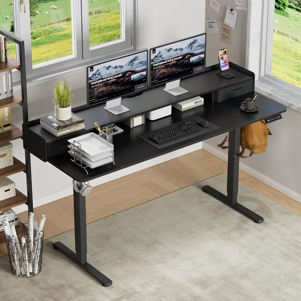 Furmax Electric Standing Desk with Drawers, Stand Up Desk with Storage Shelf Height Adjustable Computer Desk with Organizer for Home Office Ergonomic(Black, 63 Inch)