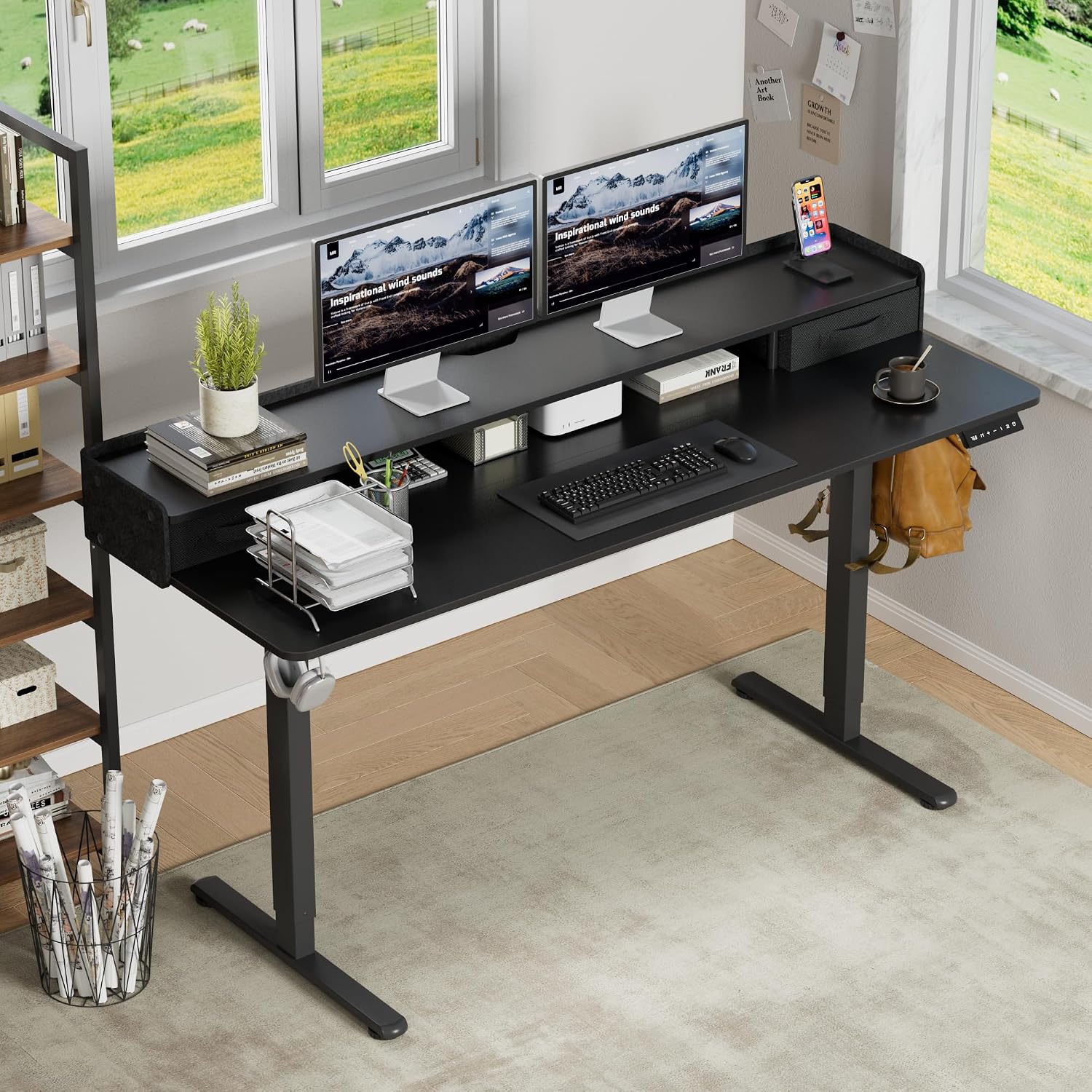 Furmax Electric Standing Desk with Drawers, Stand Up Desk with Storage Shelf Height Adjustable Computer Desk with Organizer for Home Office Ergonomic(Black, 63 Inch)