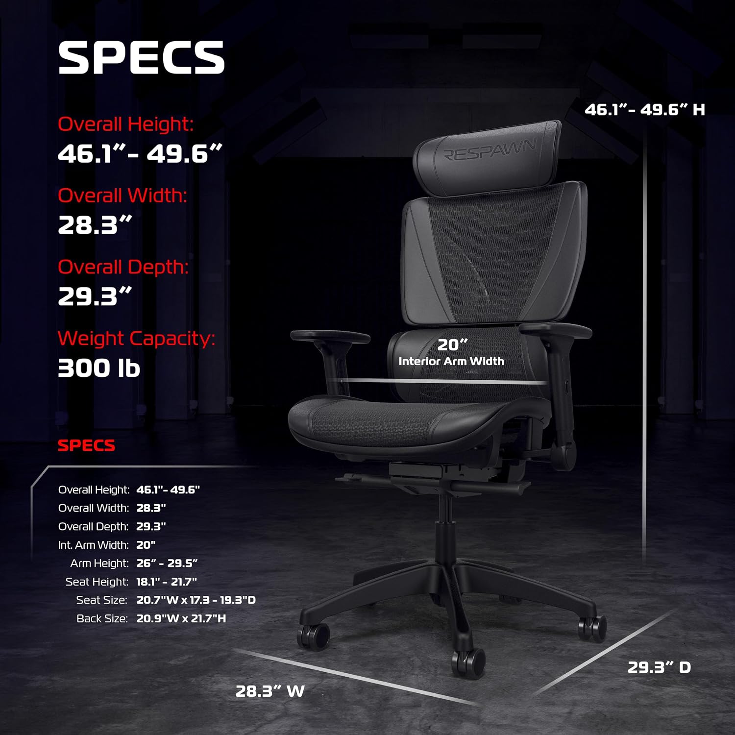 Respawn Specter Ergonomic Office Chair with Lumbar Support, Headrest, Adjustable Arms - Comfy Breathable Mesh Computer Desk Seat for Home Office, High Back Reclining Gaming Chairs for Adults - Black