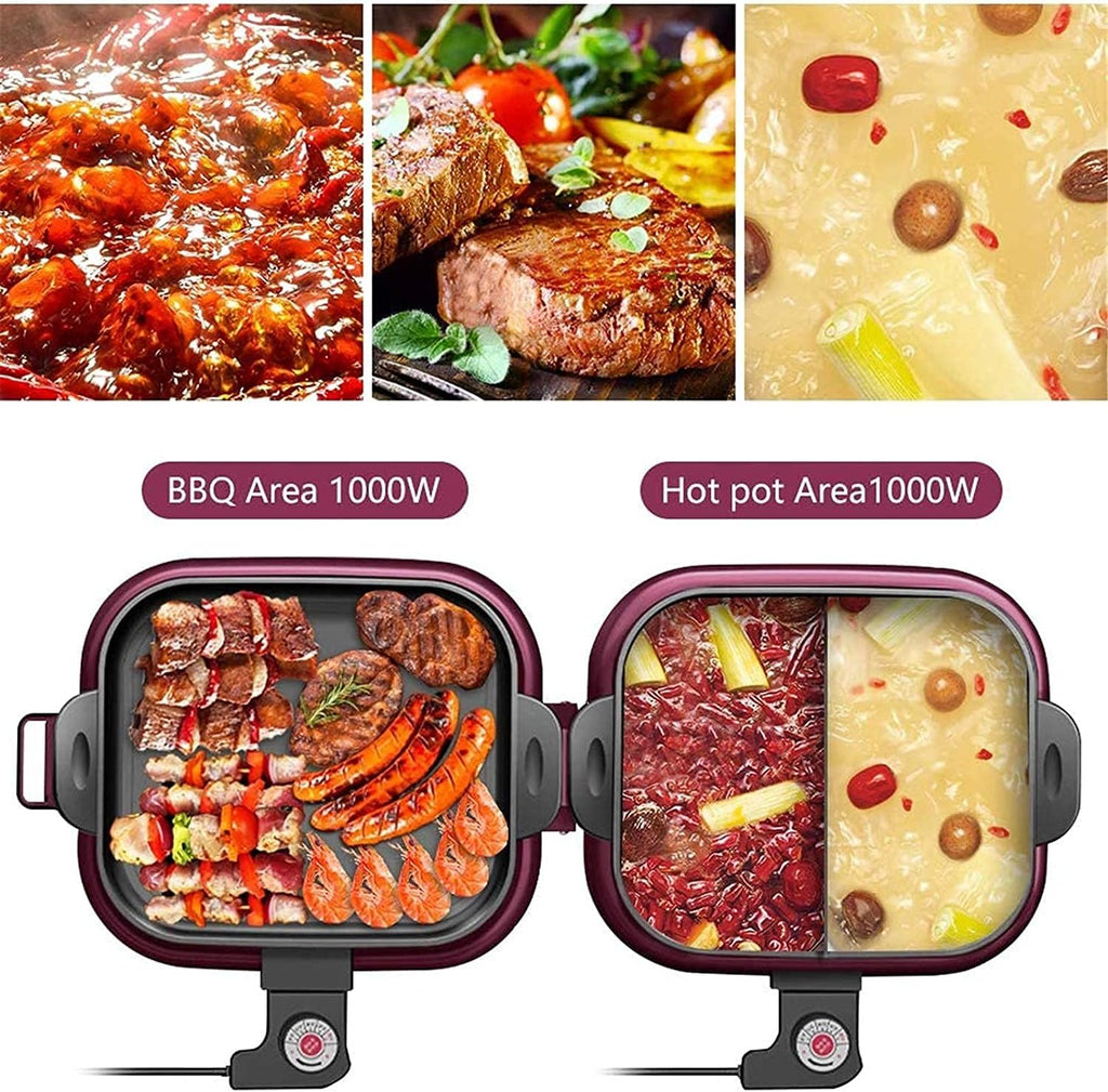 2-IN-1 Electric Grill & Hot Pot, Foldable Roasted Baking Pan Dish Pot,Separately Dual Temperature Control BBQ and Smokeless Shabu-pot,2000W
