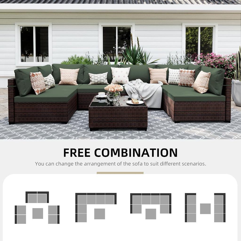 UPHA 7 Pieces Patio Furniture Sets, Wicker Outdoor Sectional Sofa Couch with Coffee Table, Patio Conversation Set for Deck Backyard Garden, Brown Rattan, Pine Green Cushion