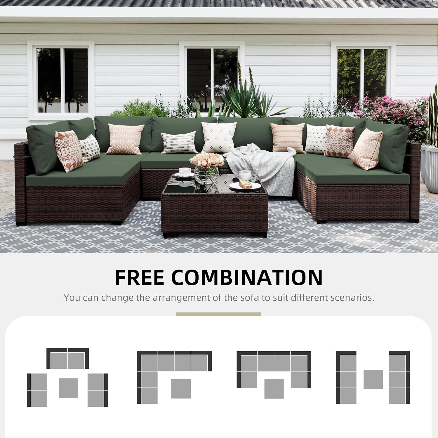 UPHA 7 Pieces Patio Furniture Sets, Wicker Outdoor Sectional Sofa Couch with Coffee Table, Patio Conversation Set for Deck Backyard Garden, Brown Rattan, Pine Green Cushion
