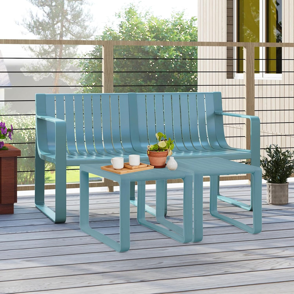 Tangkula 3-Piece Patio Furniture Set, Outdoor Conversation Set w/1 Loveseat & 2 Side Tables, All-Weather Patio Bistro Set for Lawn, Backyard, Poolside, Balcony, Garden, Deck, Blue