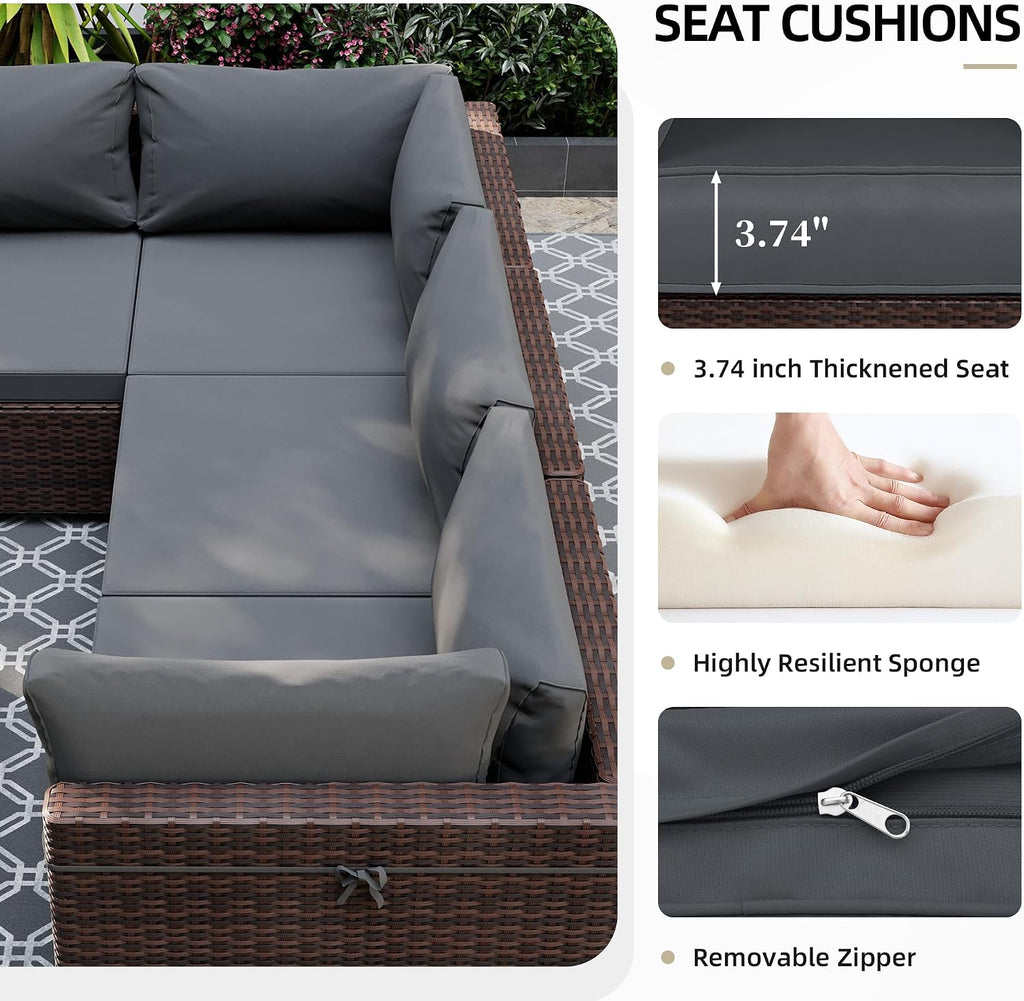 UPHA 5 Pieces Patio Furniture Sets, Wicker Outdoor Sectional Sofa Couch with Coffee Table, Patio Conversation Set for Deck Backyard Garden, Brown Rattan, Dark Gray Cushion