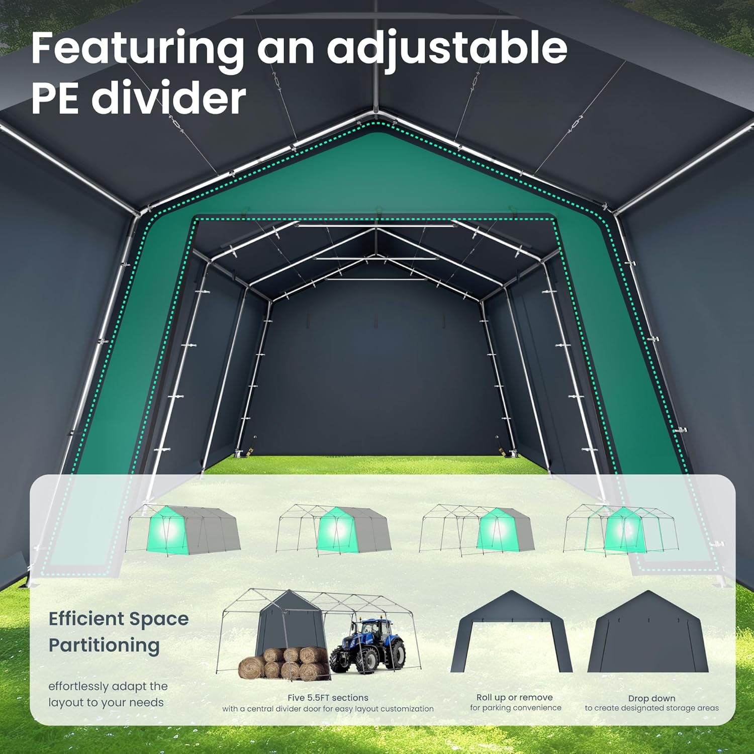PHI VILLA 13X22ft Carport, Portable Garage Carports Outdoor Storage Shelter Shed Garage Canopy with Rollup Zipper Doors & Waterproof UV Resistant Garages Tent for Cars,Boats,Tools, Motorcycle, Gray