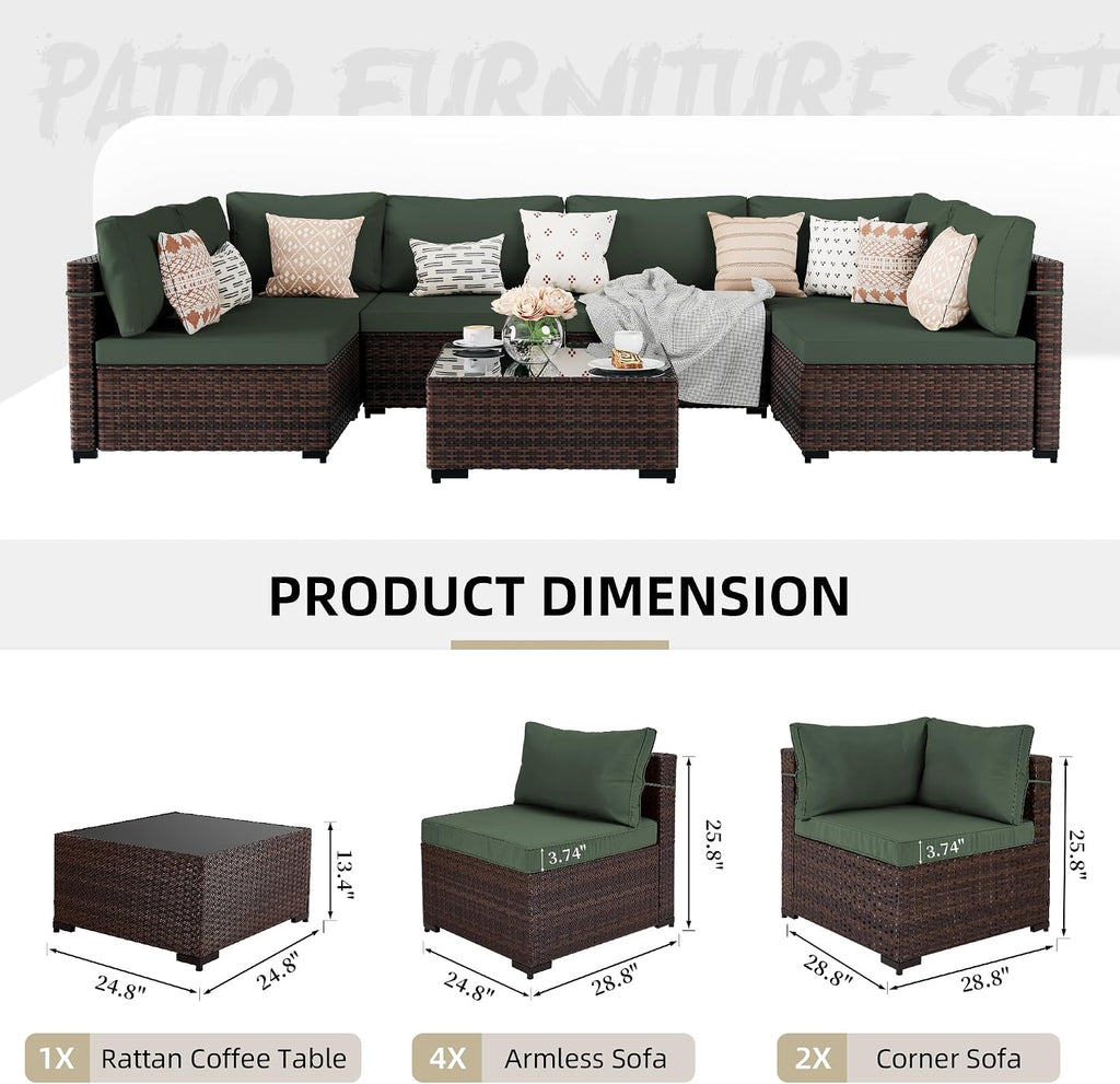 UPHA 7 Pieces Patio Furniture Sets, Wicker Outdoor Sectional Sofa Couch with Coffee Table, Patio Conversation Set for Deck Backyard Garden, Brown Rattan, Pine Green Cushion