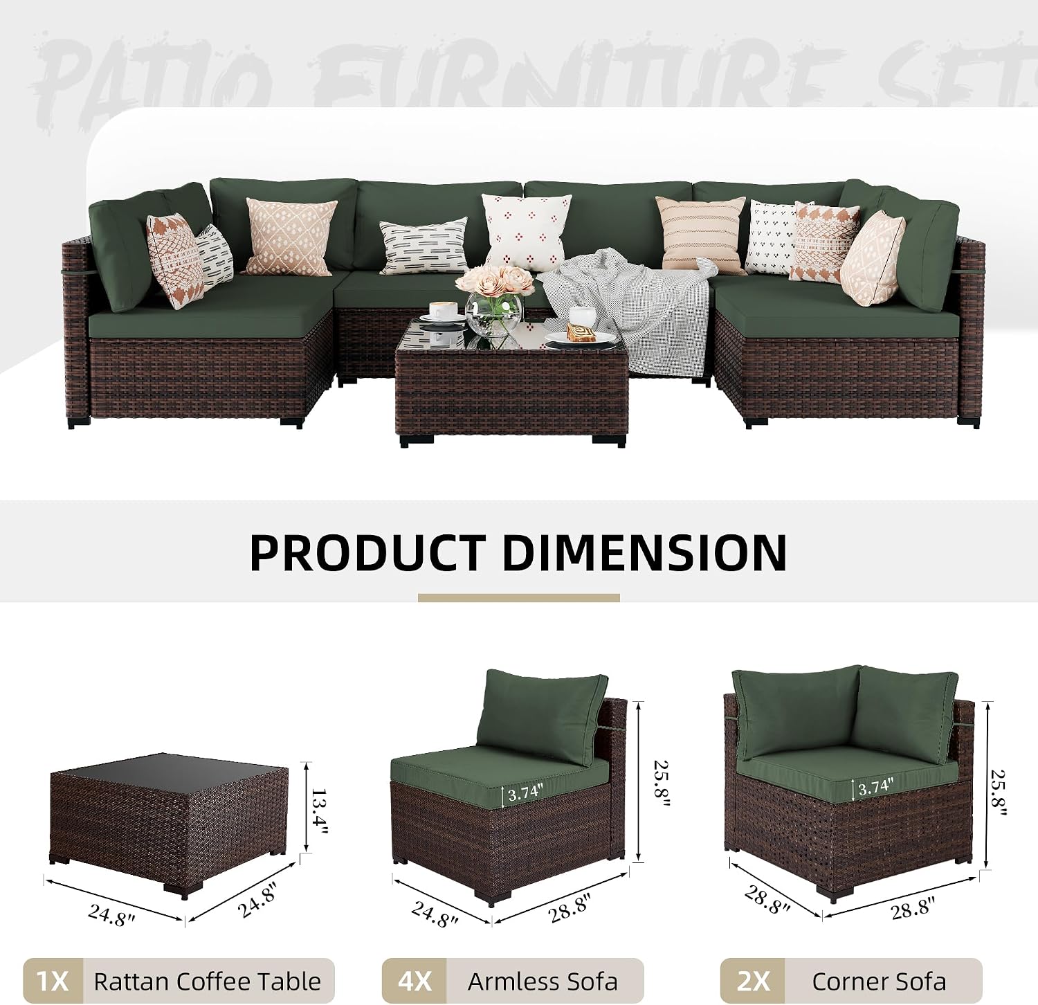 UPHA 7 Pieces Patio Furniture Sets, Wicker Outdoor Sectional Sofa Couch with Coffee Table, Patio Conversation Set for Deck Backyard Garden, Brown Rattan, Pine Green Cushion