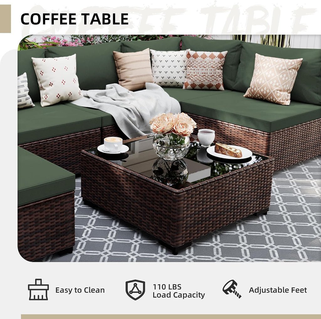 UPHA 9 Pieces Patio Furniture Sets, Wicker Outdoor Sectional Sofa Couch with Round Propane Pit for Deck Backyard Garden, Brown Rattan, Pine Green Cushion