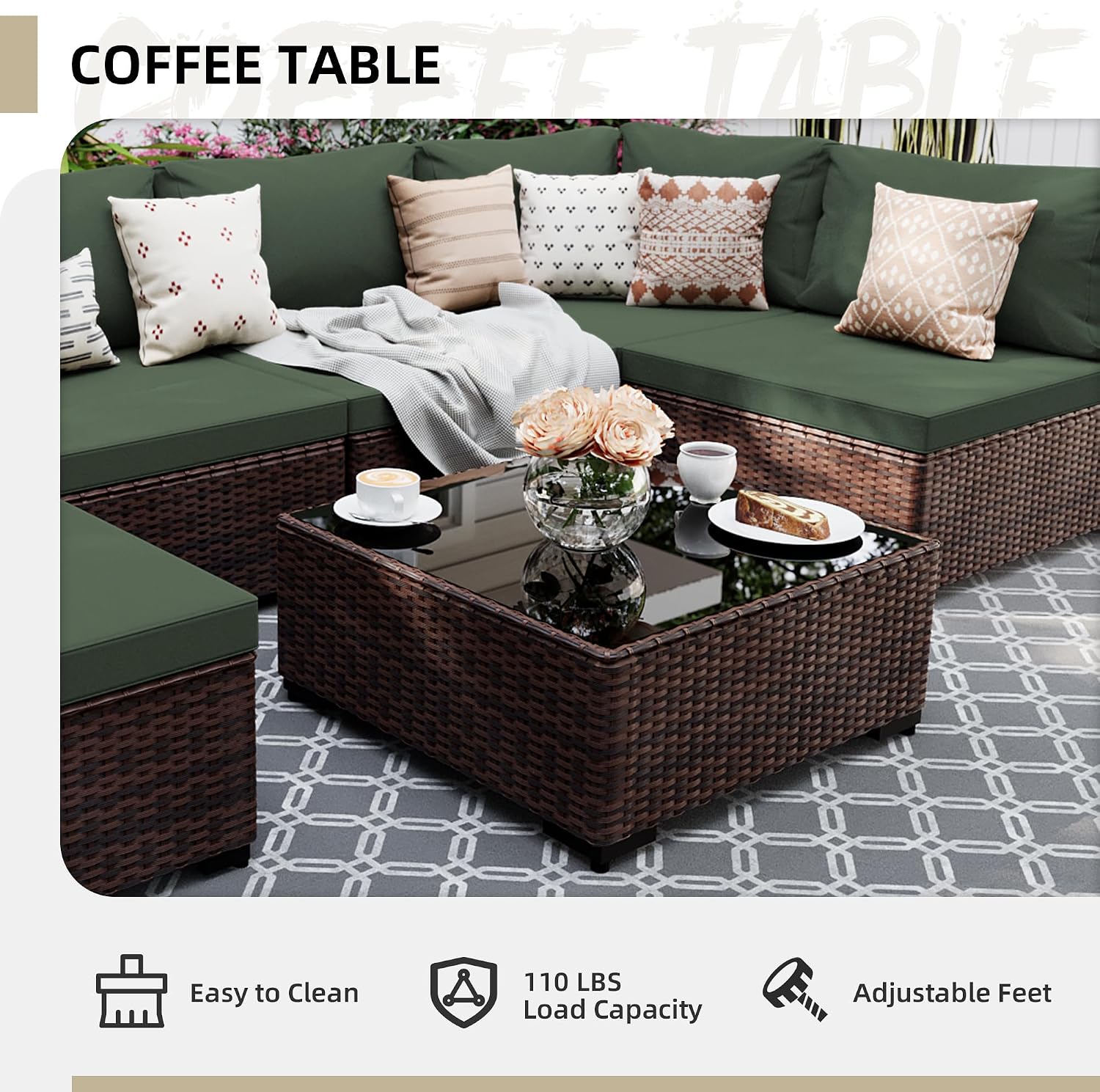 UPHA 9 Pieces Patio Furniture Sets, Wicker Outdoor Sectional Sofa Couch with Round Propane Pit for Deck Backyard Garden, Brown Rattan, Pine Green Cushion
