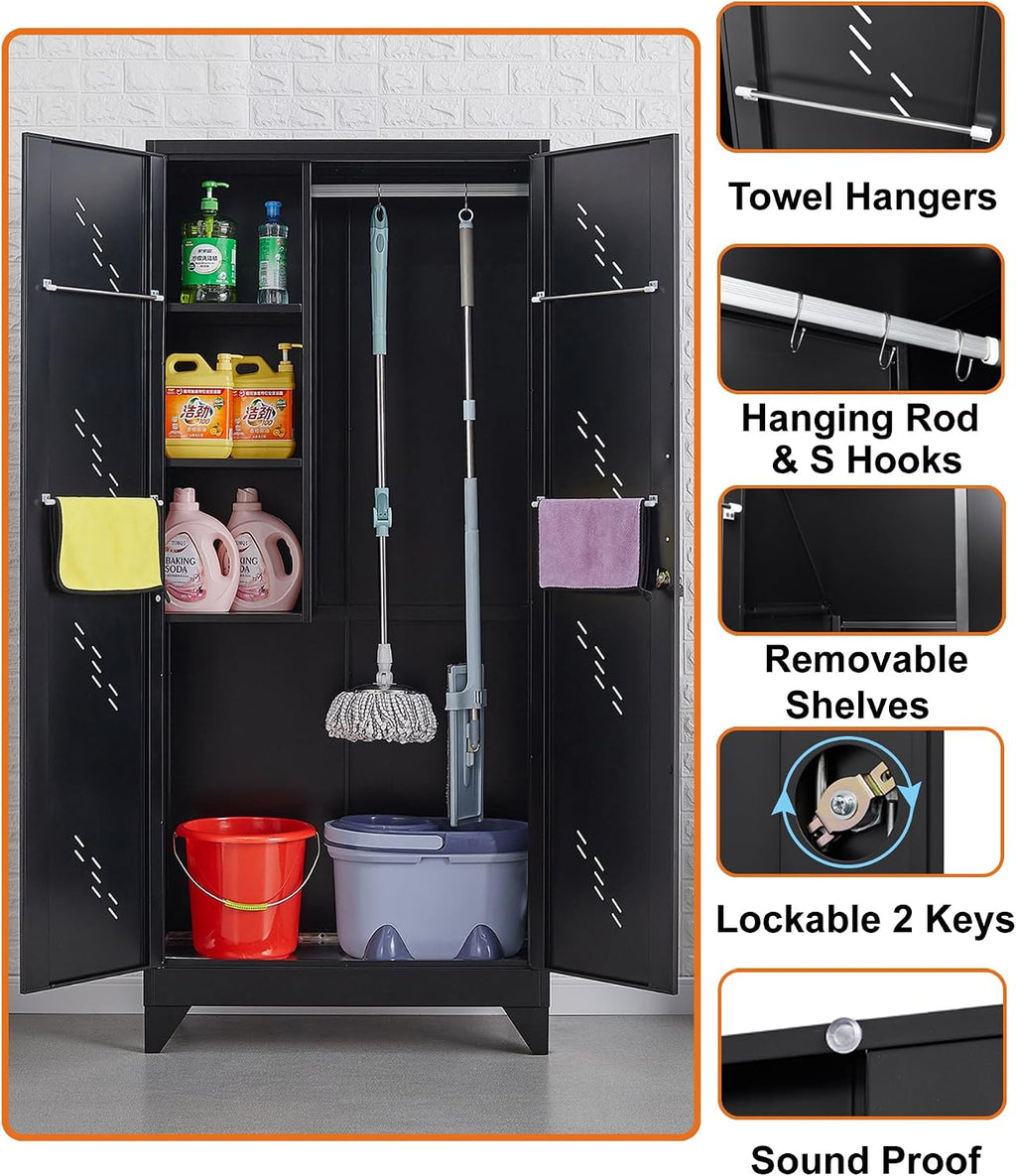 75' Metal Storage Cabinet with Lockable Doors, Functional Garage Storage Cabinets, Heavy-Duty Tool Organization Cabinet with Hanging Rod & S-Hooks (75' Utility Closet)