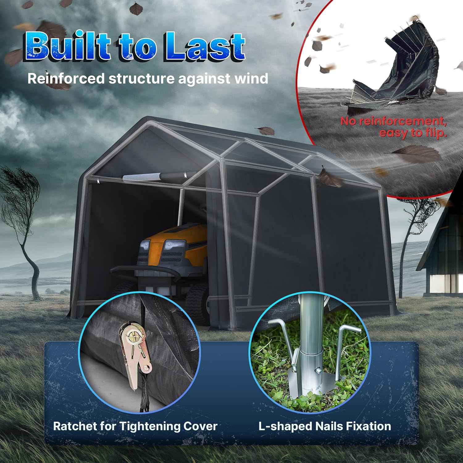 ADVANCE OUTDOOR 7x12 ft 2 Roll up Doors & Vents Outdoor Portable Storage Shelter Garage Tent Carport for Motorcycle ATV with Heavy Duty Metal Frame and Anti-UV Snow Resistant Waterproof Cover, Gray