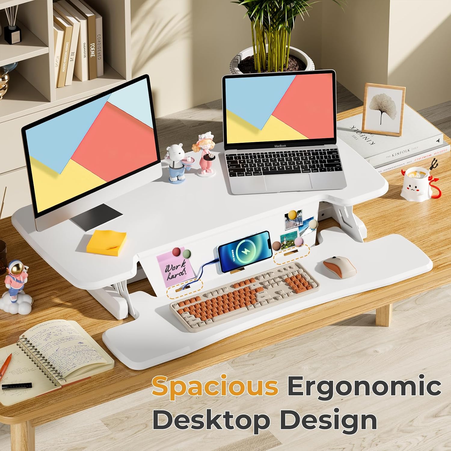 JOY worker Standing Desk Converter, 35' Height Adjustable Sit Stand Up Desk Riser with Keyboard Tray & 6 Fridge Magnets, Desktop Workstation Riser for Home Office Computer Laptop, White