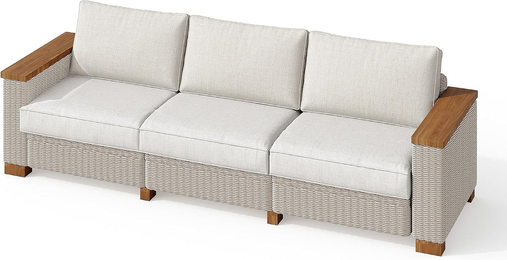 PaPaJet 3 Seat Outdoor Patio Sofa, All-Weather Wicker Couch with Solid Wood Armrests and Legs, 4.7 Inch Thick Removable Cushions, UV Resistant Modular Sofa Perfect for Porch, Backyard, Garden