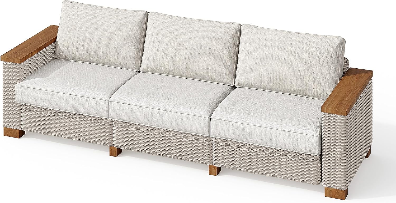 PaPaJet 3 Seat Outdoor Patio Sofa, All-Weather Wicker Couch with Solid Wood Armrests and Legs, 4.7 Inch Thick Removable Cushions, UV Resistant Modular Sofa Perfect for Porch, Backyard, Garden