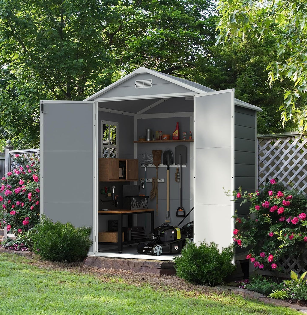 Devoko 6x4 FT Outdoor Storage Shed - Waterproof Plastic Resin Garden Shed with Lockable Door & Floor, for Backyard, Patio, Lawn & Pool Tools