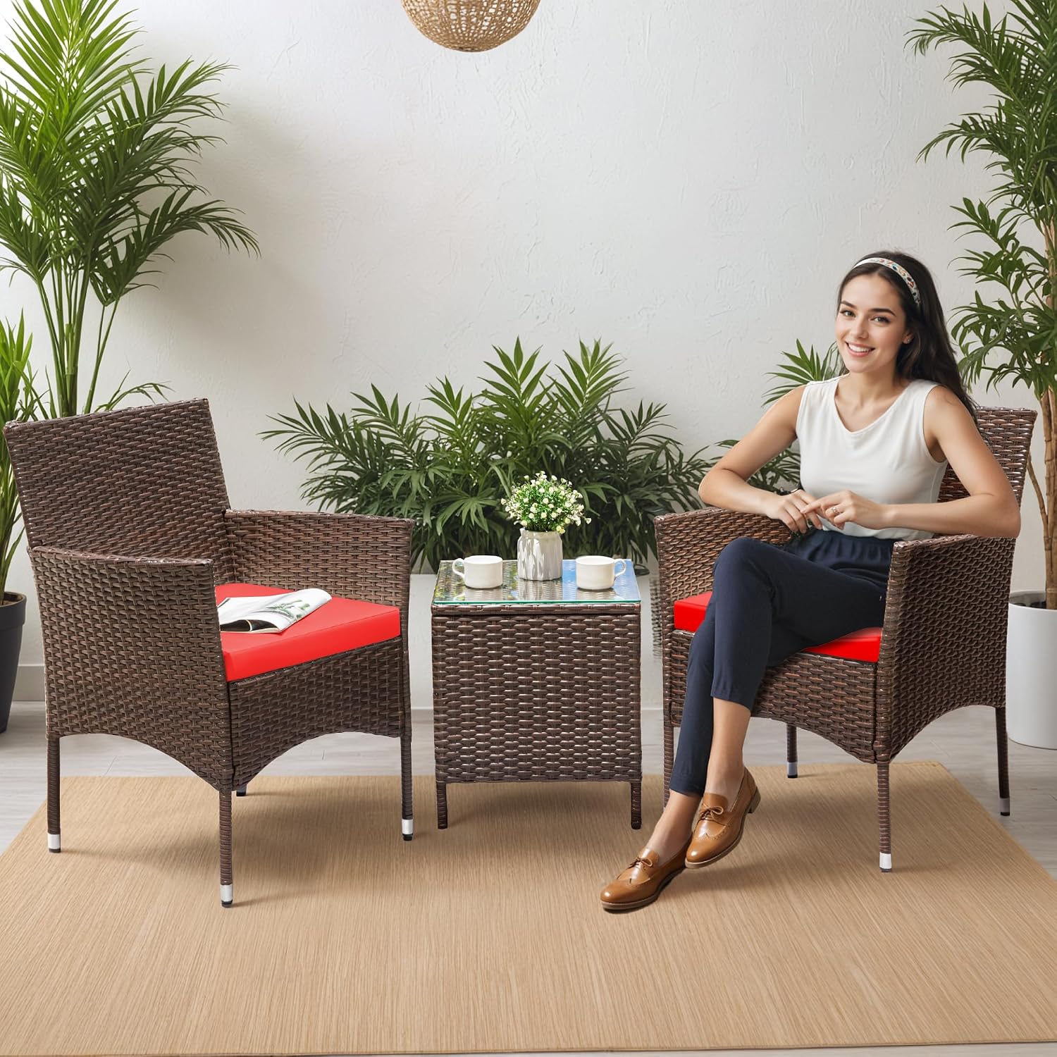 Greesum 3 Pieces Patio Dining PE Rattan Wicker Chair Furniture Set with Cushion and Glass Coffee Table for Outdoor Garden Backyard Poolside, Brown and Red