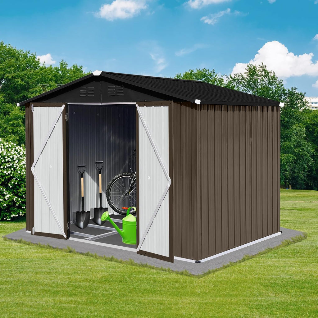 6x8 FT Outdoor Storage Shed,with Hinged Door and Padlock,Pitched Roof Metal Garden Tool Sheds,w/Punched Vents,for Storing Bicycles, Lawnmowers, Barbeques,Garden Tools,Brown + Black