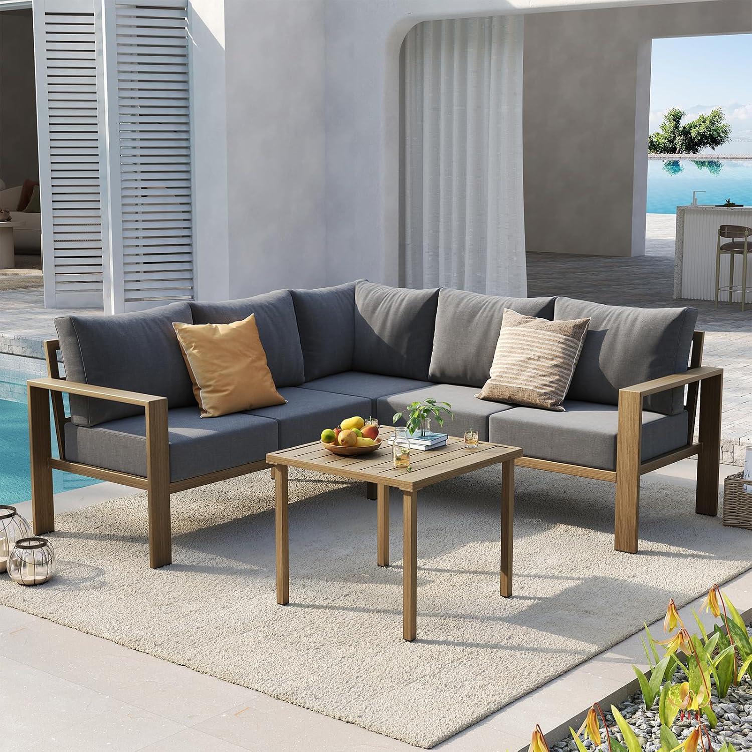 UDPATIO 6 Piece Patio Furniture Set, Faux Wood Metal Outdoor Sectional Sofa with 6' Thick Olefin Cushions, Wide Armrest & Coffee Table, L Shaped Outdoor Furniture for Garden, Backyard Dark Grey