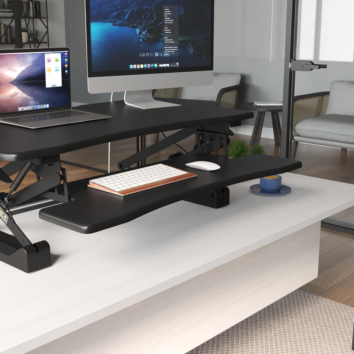 Mount-It! Standing Desk Converter, 48' Wide Sit Stand Desk Riser with Dual Gas Spring Handles, Height Adjustable from 6'–19.25', Extra Large Tabletop for 2 Monitors, Keyboard Tray & Device Slot, Black
