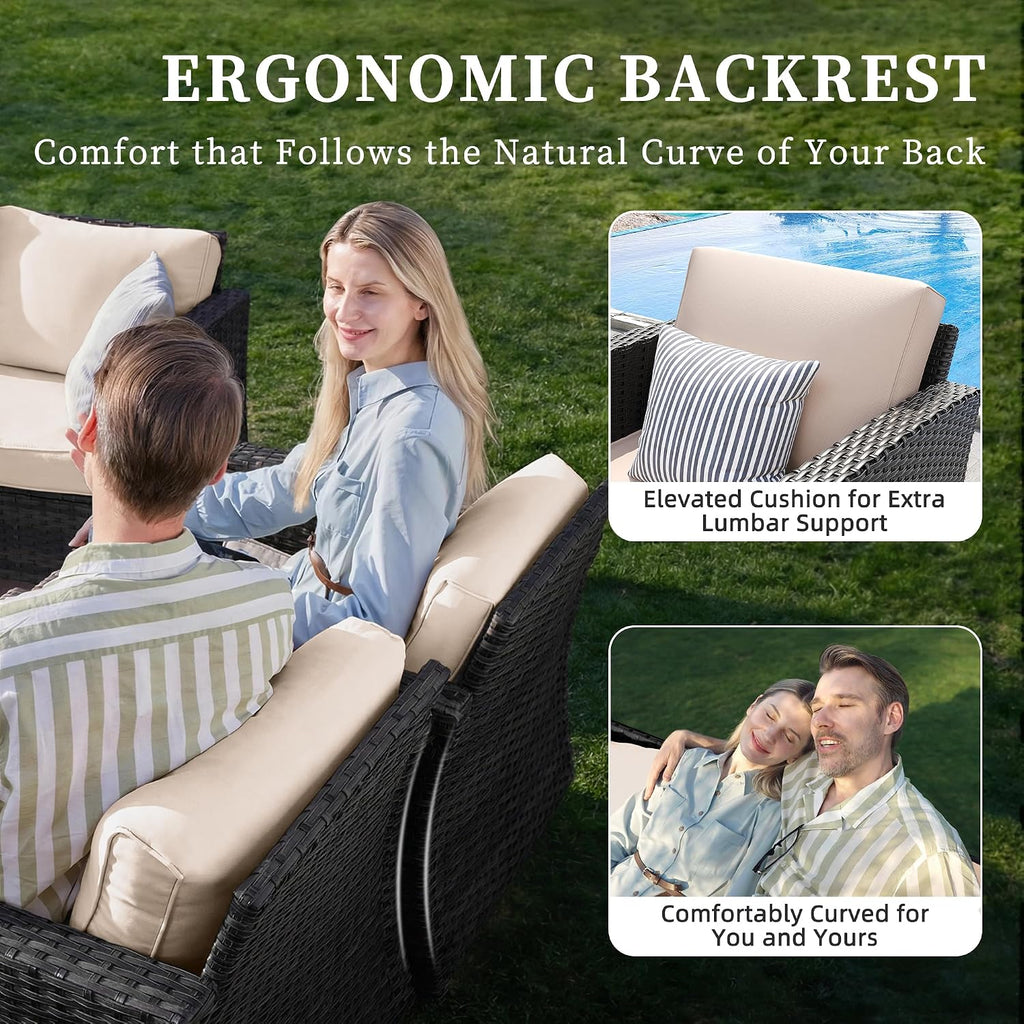UDPATIO Patio Furniture Set with Fire Pit Table, Rocking Swivel Chairs, 5 Pieces Outdoor Furniture Sets, All-Weather Wicker Outdoor Sectional Sofa with Waterproof Cover, 4'' Thickened Cushion, Khak