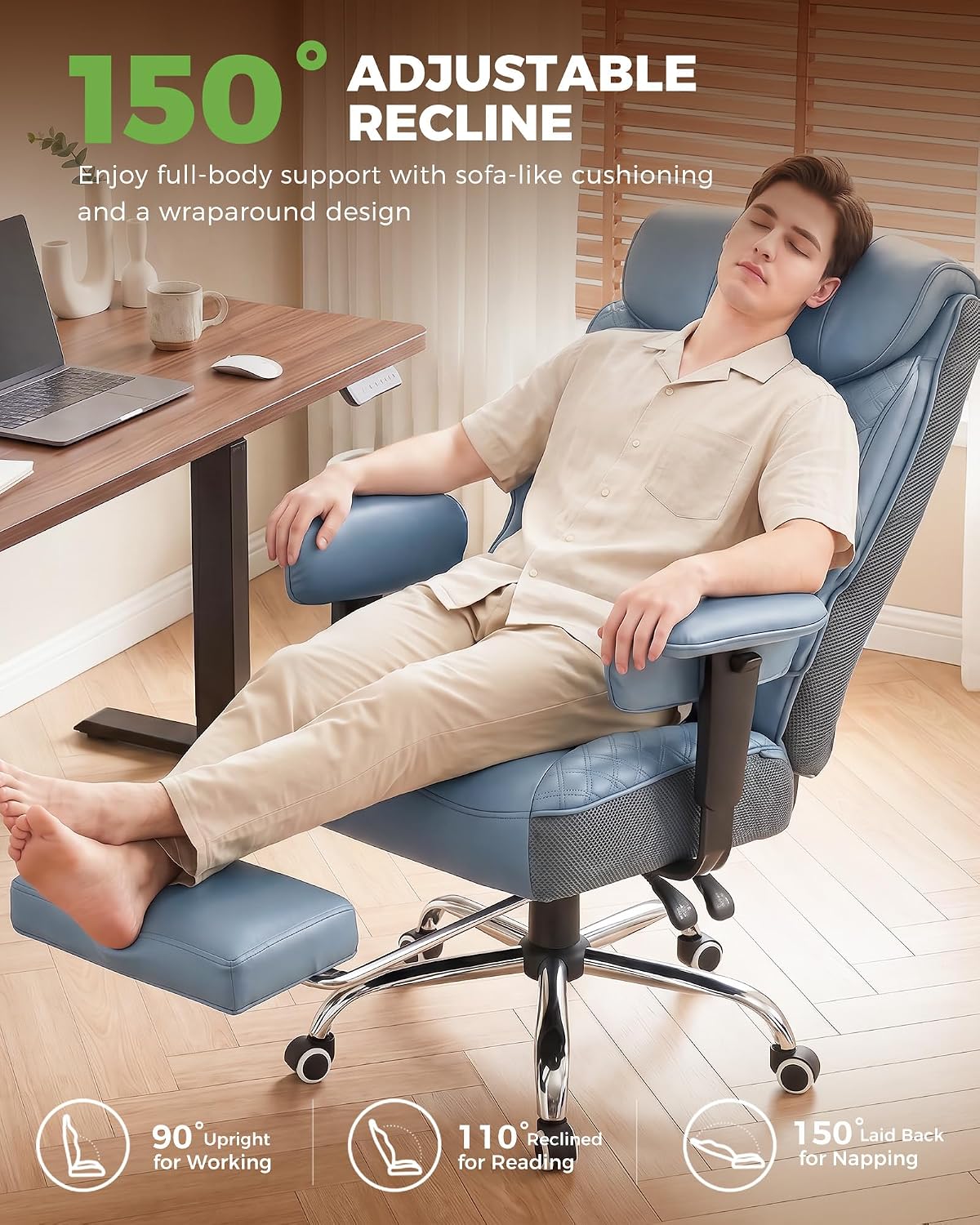 GTPLAYER Big and Tall Office Chair, High Back Computer Gaming Chair with Ergonomic Lumbar Support &Pocket Spring Cushion for Lower Back Pain Relief, Leather Executive Chair with Foot Rest, Blue