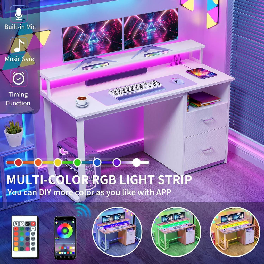 DWVO Office Desk with Drawers, 47' Computer Desk with Power Outlets & LED Light, Home Office Desk with Storage & Monitor Stand, White