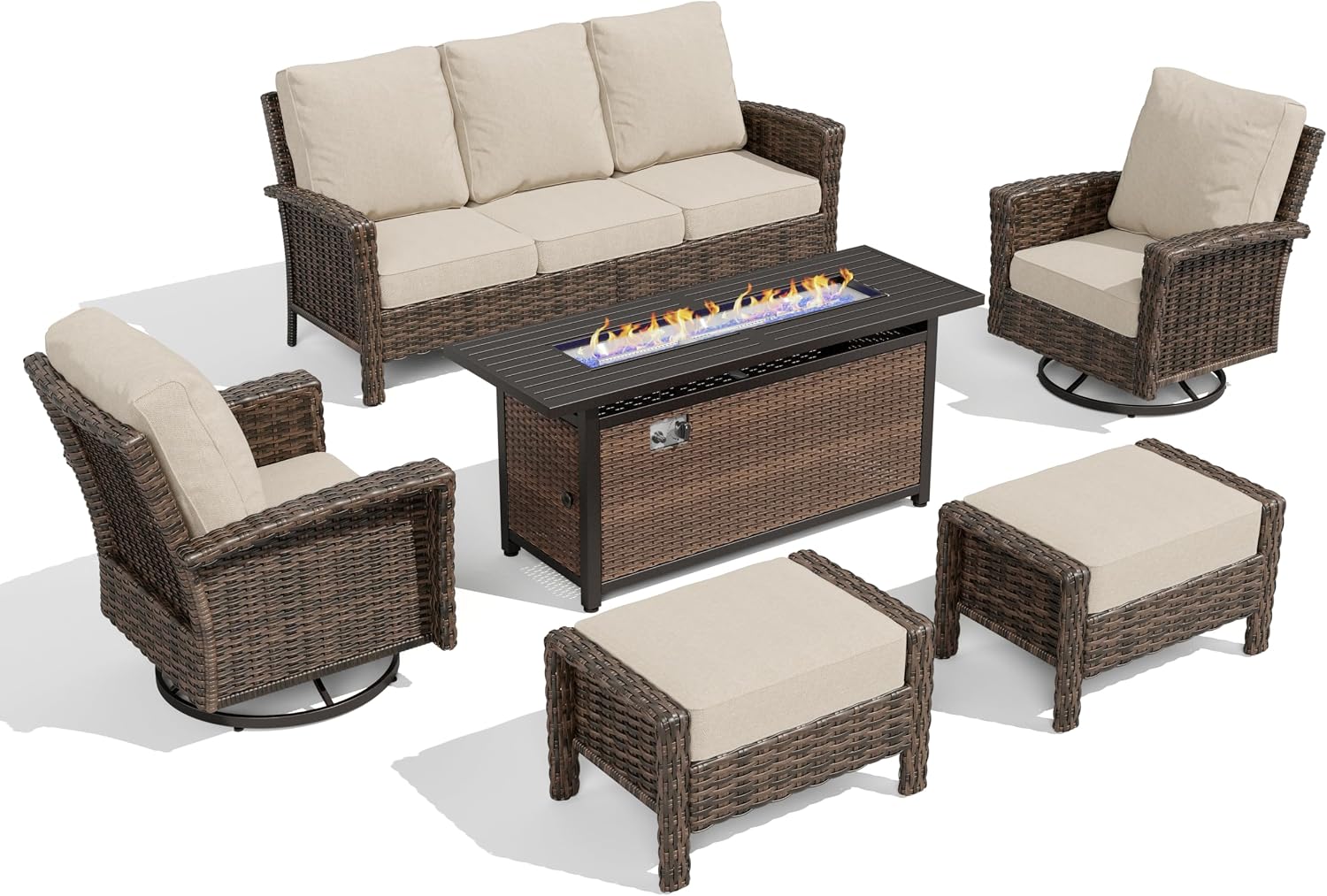 HERA'S HOUSE Wicker Patio Furniture Set, High Back Swivel Chairs with 5.5-Inch Thick Cushions, 6-Piece Outdoor Deep Seating Conversation Sets with Fire Pit Table & Ottomans for Deck Yard Garden, Beige