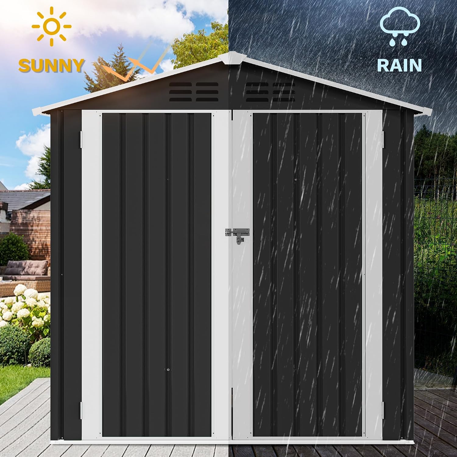 DWVO 6x4ft Outdoor Storage Shed with Window, Metal Lockable Metal Garden Shed with Sloped Roof for Tools, Bikes, Ideal for Backyard, Patio, Garage, Lawn (Gray + White)
