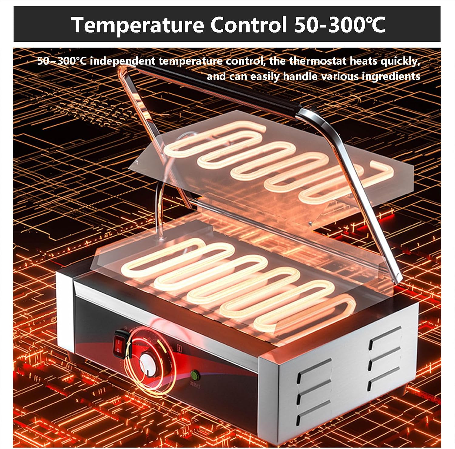 Commercial Sandwich Grill, Contact Grill Single-plate Platen Grill Countertop Sandwich Press W/Tempe Control 50-300℃,for Home Or Restaurant Use