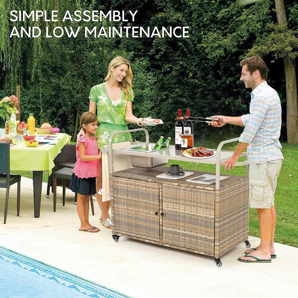 Wicker Outdoor Bar Cart with Ice Bucket, Patio Bar Table with 2 Ratten Doors Cabinet and Casters for Grill, Kitchen and Garden,Beige