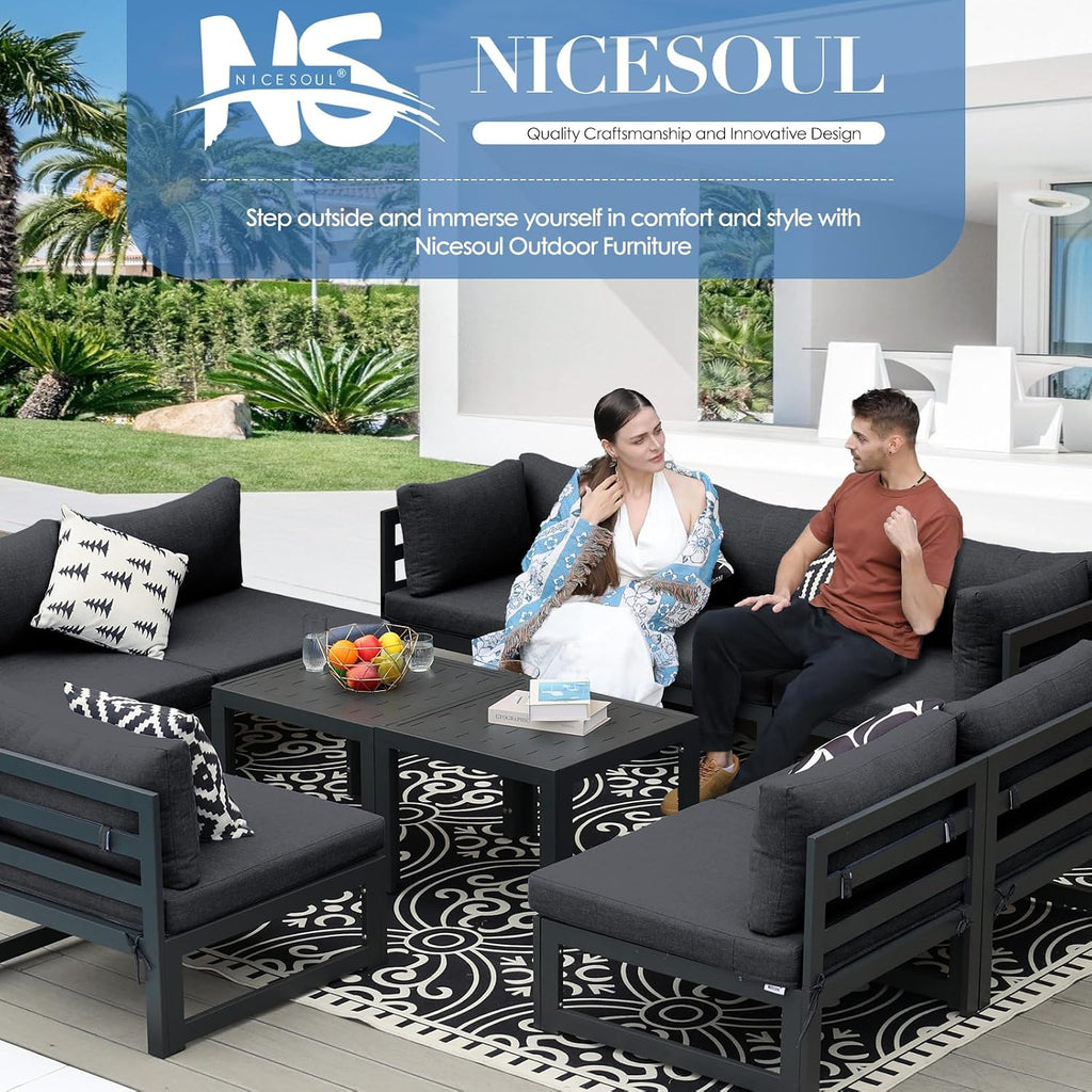 NICESOUL 8 Piece Modern Aluminum Patio Furniture Set Deep Seated, Extra Wide Modular Outdoor Sectional for 6 People, 500 lbs Heavy Duty L-Shaped Oversized Sofa Couch for Outside Backyard, Ember Black