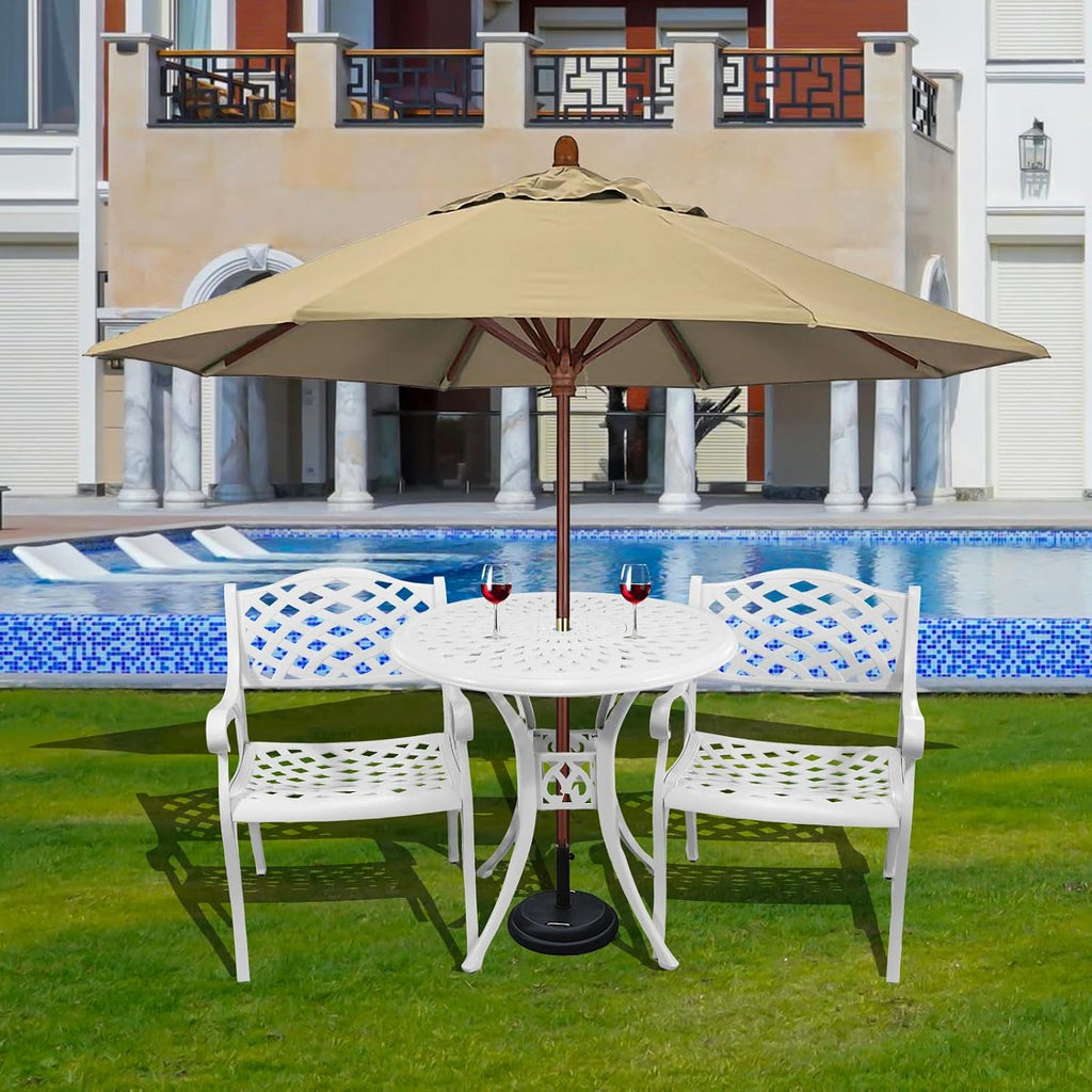 3 Piece Outdoor Dining Set,Cast Aluminum Bistro Set with Umbrella Hole, All Weather Patio Furniture Set, Small Patio Dining Set for Garden/Balcony/Deck, White