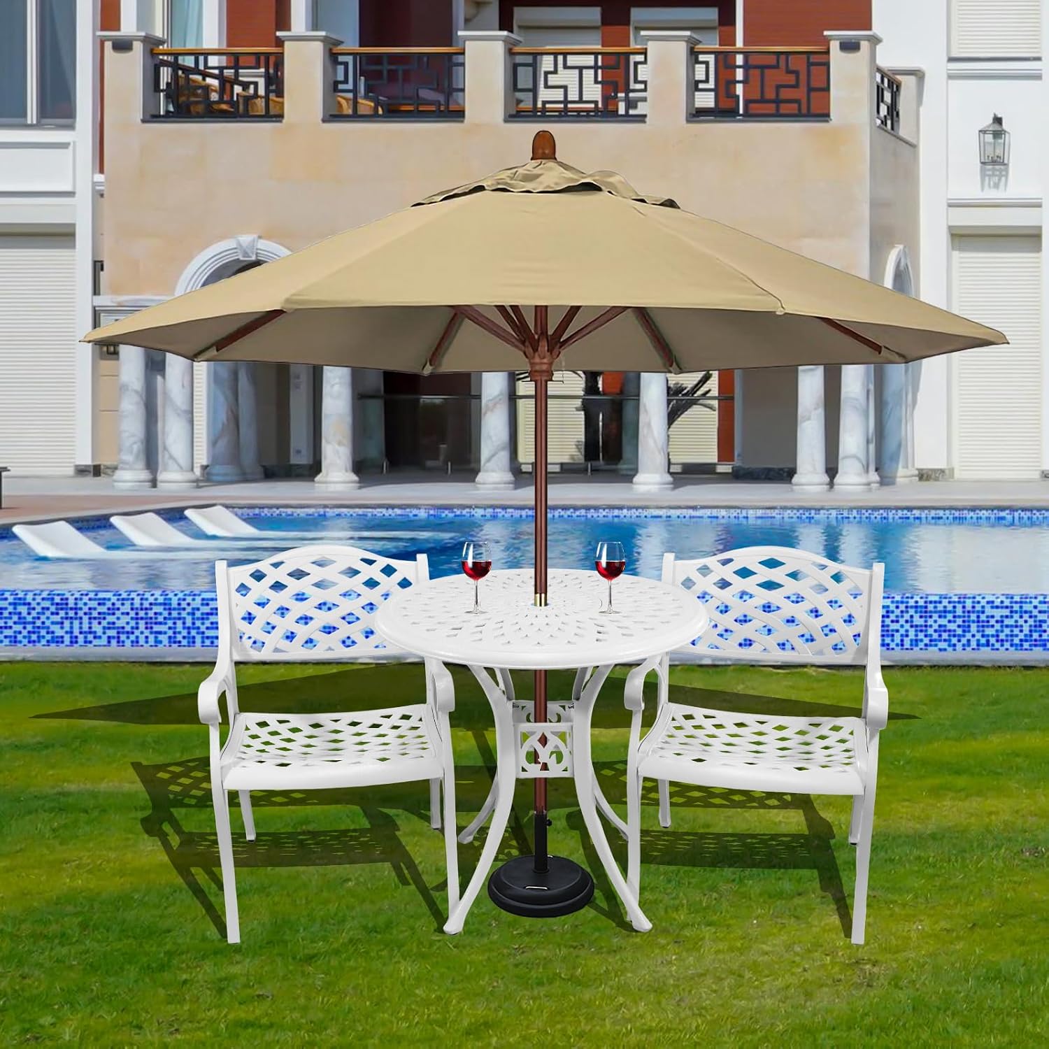 3 Piece Outdoor Dining Set,Cast Aluminum Bistro Set with Umbrella Hole, All Weather Patio Furniture Set, Small Patio Dining Set for Garden/Balcony/Deck, White