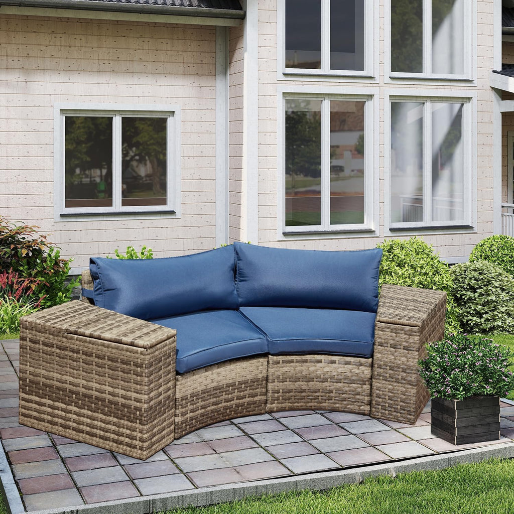 ECOTOUGE Patio Furniture Set, 4 Piece Half-Moon Sectional Round Patio Furniture Set, Wicker Cushion Sofa with 2 Storage Side Table for Pool Backyard Patio Garden(Blue)