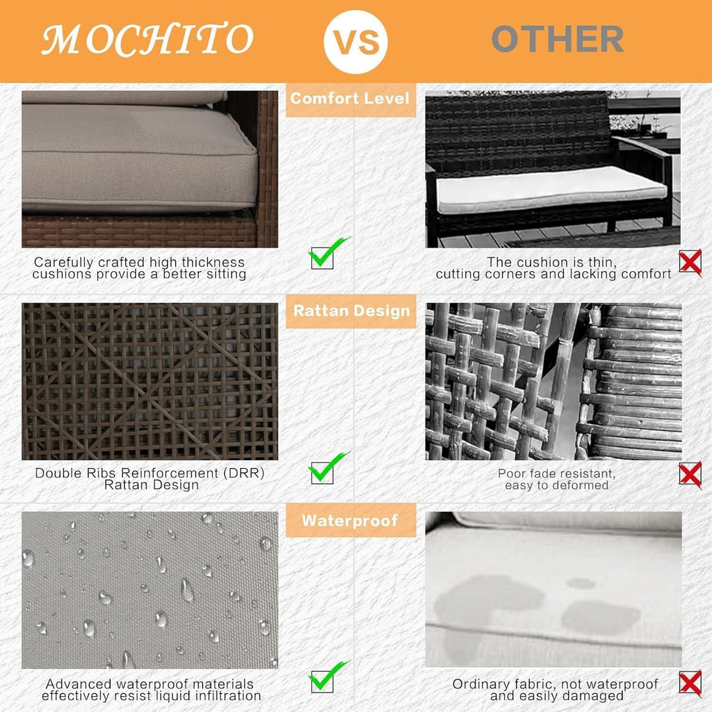 MOCHITO 7 Pieces Outdoor Patio Furniture Sets, All-Weather Sectional Sofa Dark Brown PE Rattan Wicker Conversation Set with Glass Table and Washable Grey Cushions for Backyard