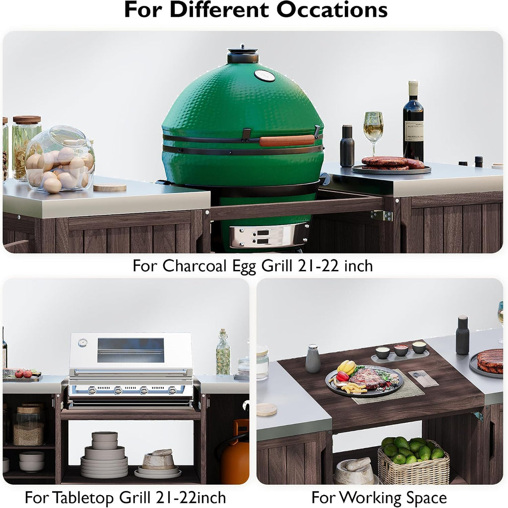 Merax 66.5' Outdoor Grill Table for Big Green Egg, Farmhouse Kitchen Island on Wheels with Stainless Steel Tabletop, Drawer and Spice Rack, Solid Wood Outdoor Storage Cabinet for Backyard, Dark Brown