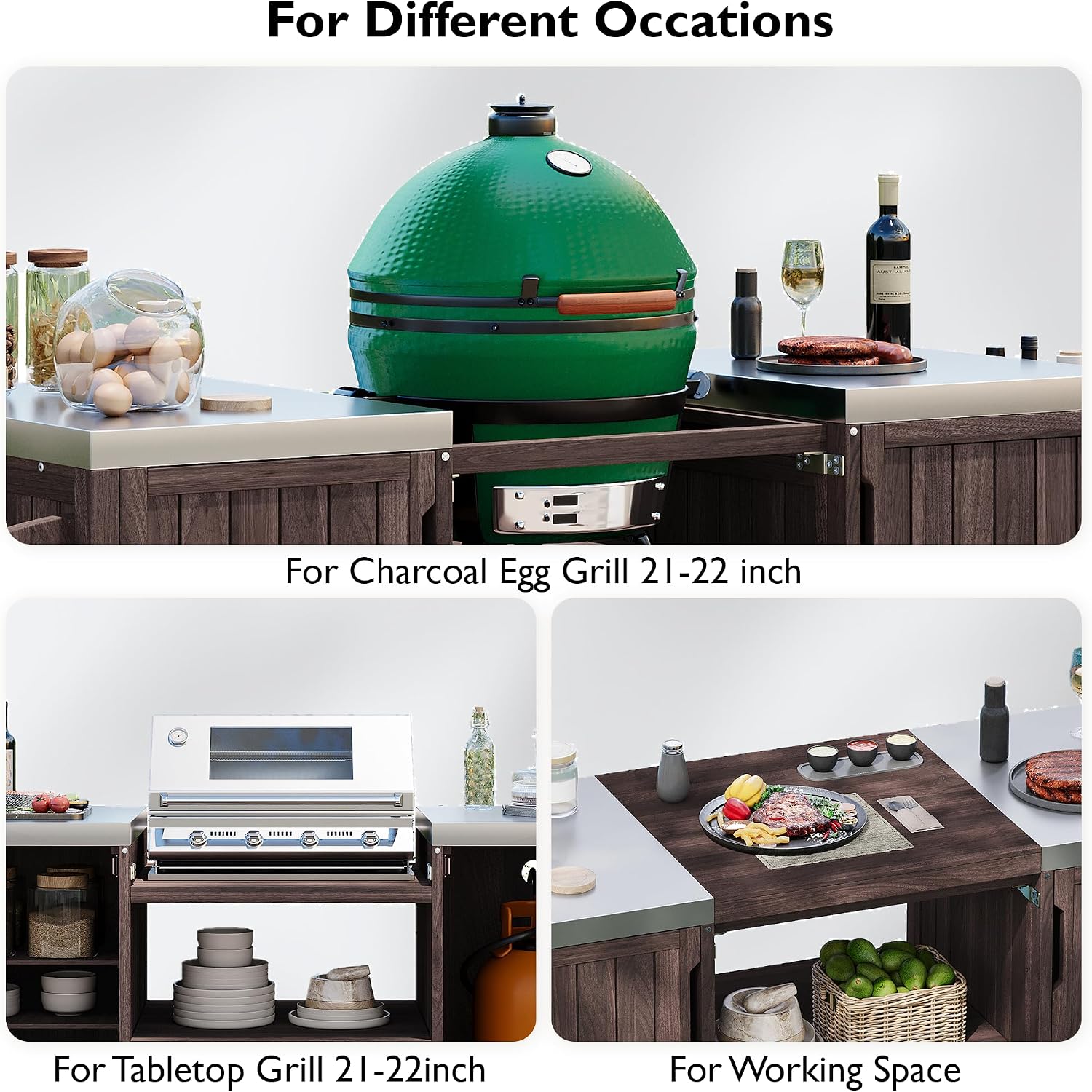 Merax 66.5' Outdoor Grill Table for Big Green Egg, Farmhouse Kitchen Island on Wheels with Stainless Steel Tabletop, Drawer and Spice Rack, Solid Wood Outdoor Storage Cabinet for Backyard, Dark Brown