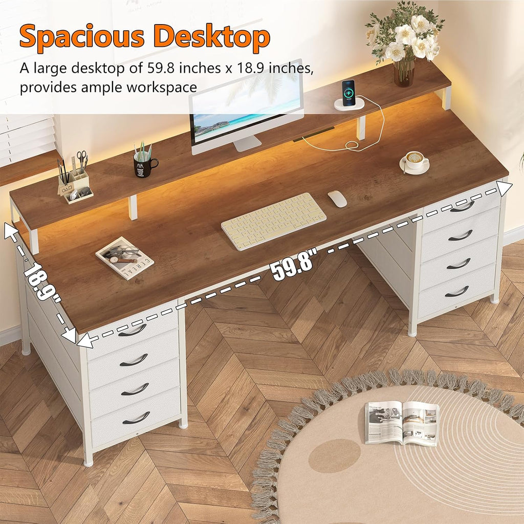 YOMILUVE 60 Inch Computer Desk with 8 Fabric Drawers, Gaming Desk with LED Lights & Power Outlets, Home Office Desk with Monitor Stand, Brown and White