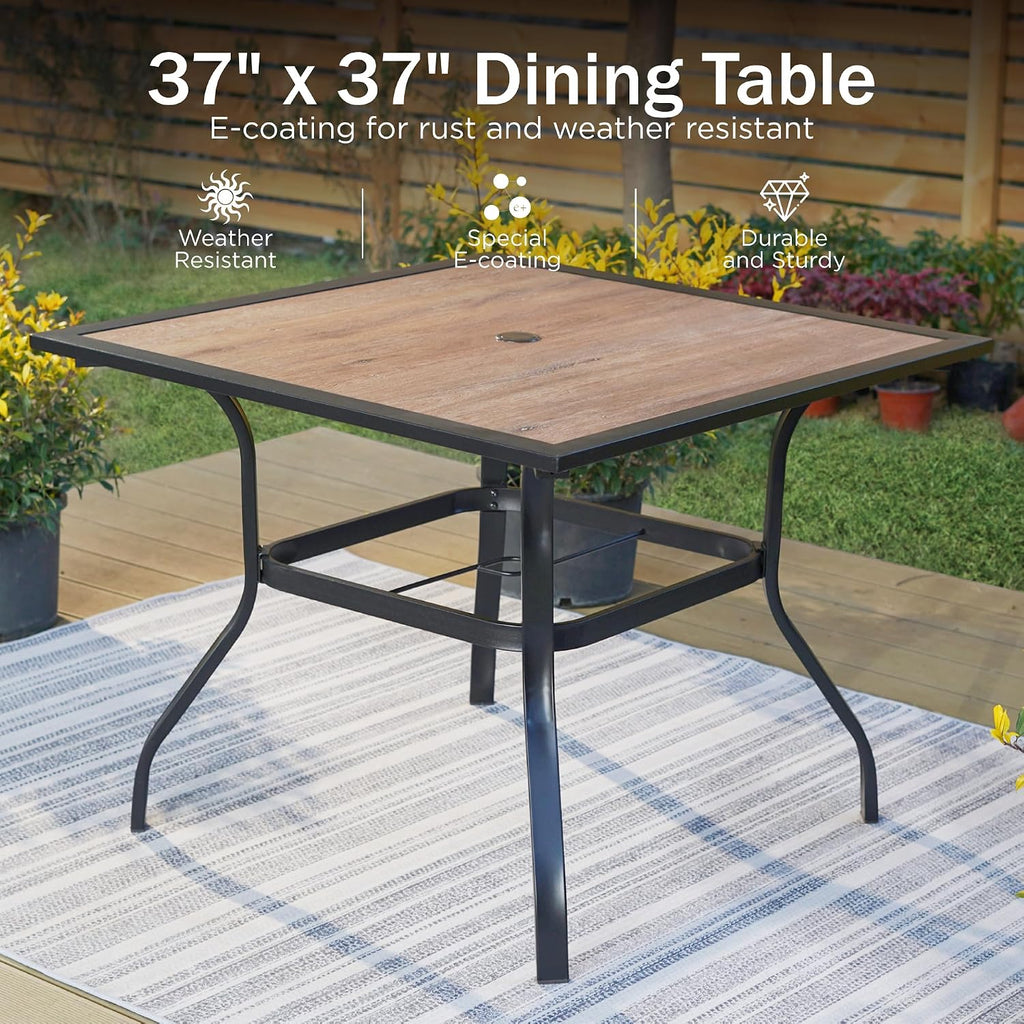 PHI VILLA 5 Pieces Outdoor Dining Set for 4 with Umbrella, 37' Square Wood-Like Steel Table & Stackable Iron Chairs with Cushions & 10ft Beige Umbrella, Modern Furniture for Patio, Deck, Yard, Porch
