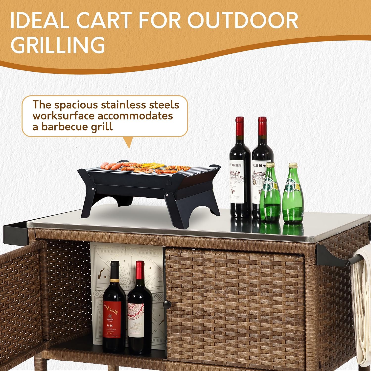 Wicker Outdoor Bar Cart with 4 Lockable Casters, Patio Prep Stainless Table with 2 Ratten Doors Storage Cabinet,Island Cart with WPC Shelf for Grill, Kitchen and Garden, Brown