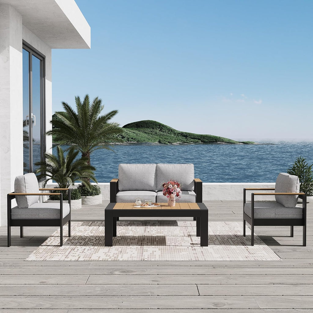 Aluminum Outdoor Patio Furniture Sets, 4 Piece Metal Patio Conversation Sets with Coffee Table with 5 Inch Cushion for Garden Backyard Deck