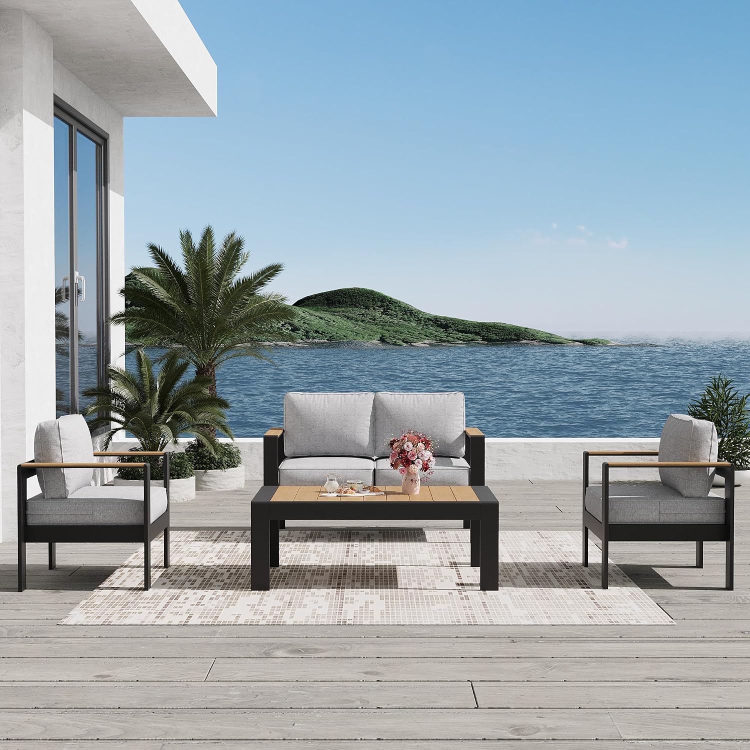 Aluminum Outdoor Patio Furniture Sets, 4 Piece Metal Patio Conversation Sets with Coffee Table with 5 Inch Cushion for Garden Backyard Deck
