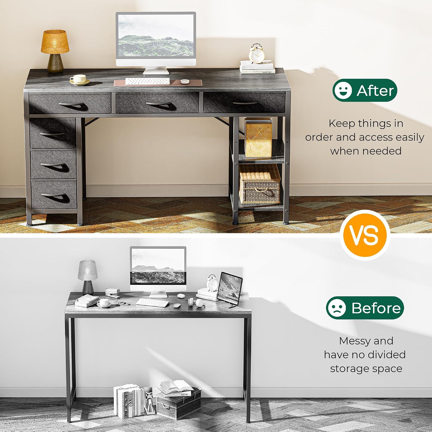 Huuger Computer Desk with 6 Drawers, Office Desk with Shelves, Reversible Gaming Desk, Corner Desk with Storage, Work for Home Office, Study, Living Room, 47inch, Grey